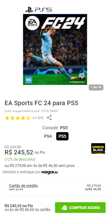 PARCELADO] Console PlayStation® 5 + EA SPORTS FC™ 24 179477 - Canaltech  Ofertas