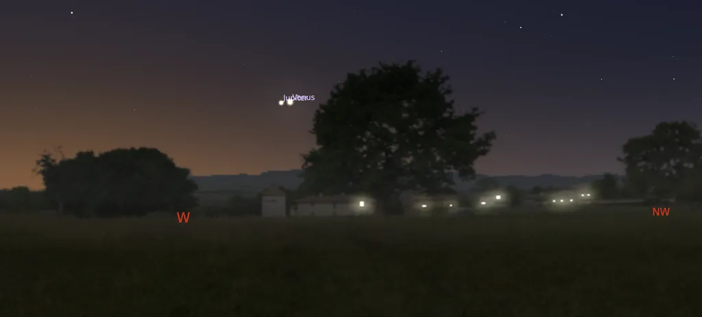 Jupiter e Vênus estarão bem próximos no dia 02/03, às 19h05 (Imagem: Captura de tela/Stellarium)