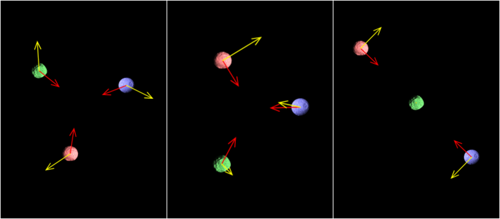 Simulação de três exemplos de interações possíveis entre três corpos mostra as múltiplas possibilidades (Imagem: Reprodução/Javalab/Creative Commons)