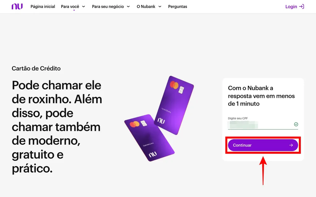 Como pedir um cartão de crédito Nubank no computador: informe seu CPF para se cadastrar (Captura de tela: Caio Carvalho)