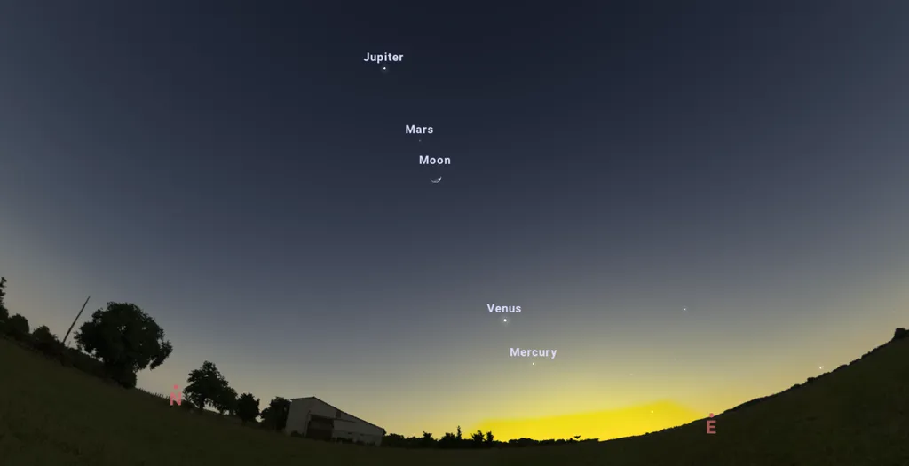 Lua entre Marte e Vênus durante o amanhecer do dia 23 (Imagem: Captura de tela/Stellarium)