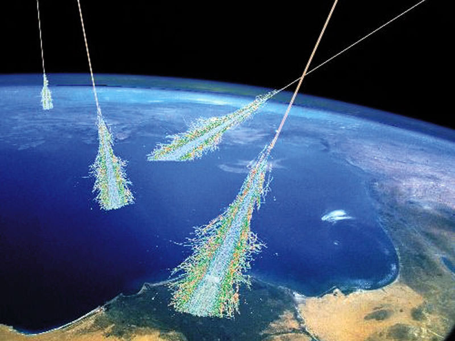 Partículas de alta energia atingindo o topo da atmosfera terrestre e criando uma "chuva" de raios cósmicos (Imagem: Reprodução/Simon Swordy (U. Chicago), NASA)