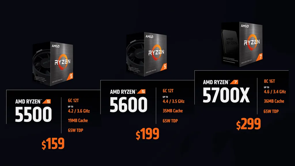 Os novos Ryzen 7 5700X, Ryzen 5 5600 e Ryzen 5 5500 trazem núcleos Zen 3 a preços mais acessíveis (Imagem: AMD)