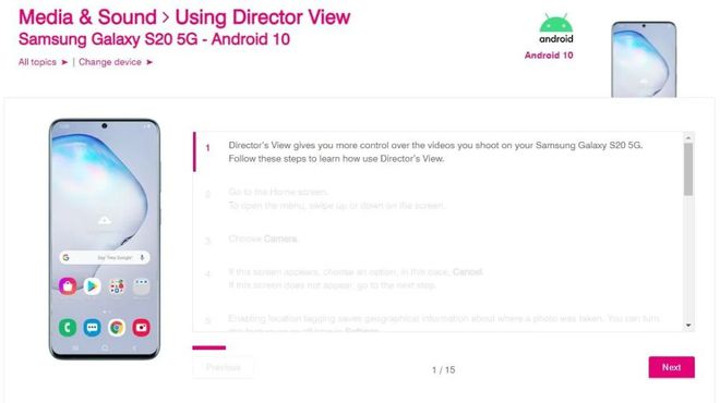 Site da operadora T-Mobile ensinando a usar Visão do Diretor no Galaxy S20 (Imagem: Reprodução/T-Mobile)