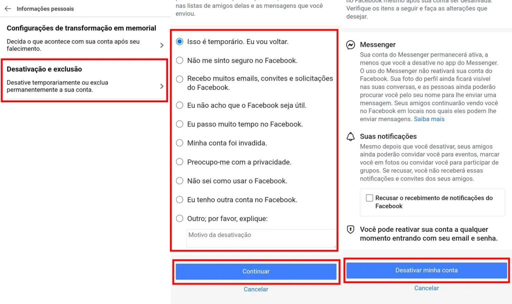 O Facebook Lite também permite desativar sua conta (Imagem: Captura de tela/Fabrício Calixto/Canaltech)