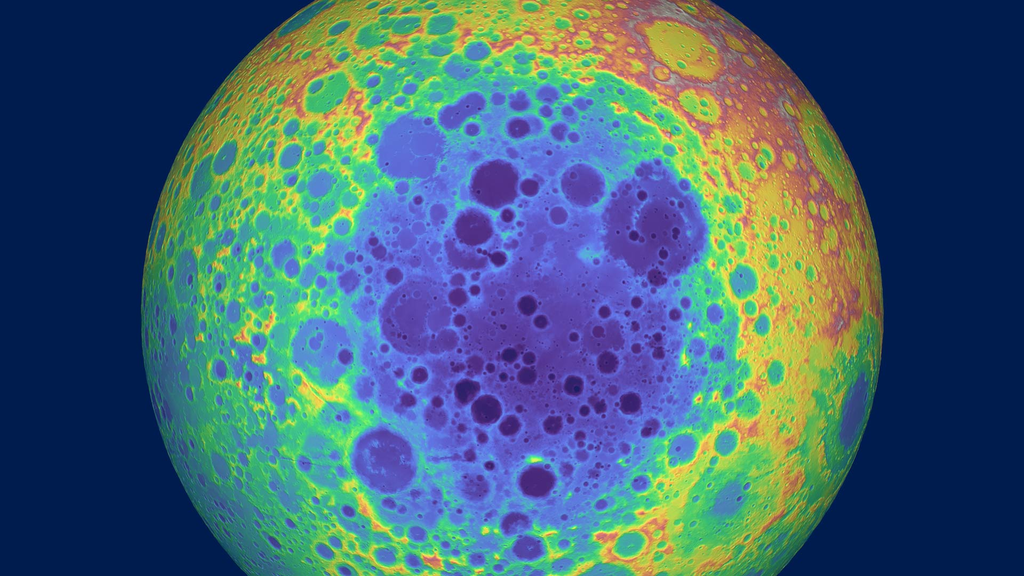 Mapa em relevo da Bacia de Aitken, localizada no polo sul da Lua (Imagem: Reprodução/NASA/GSFC/University of Arizona)