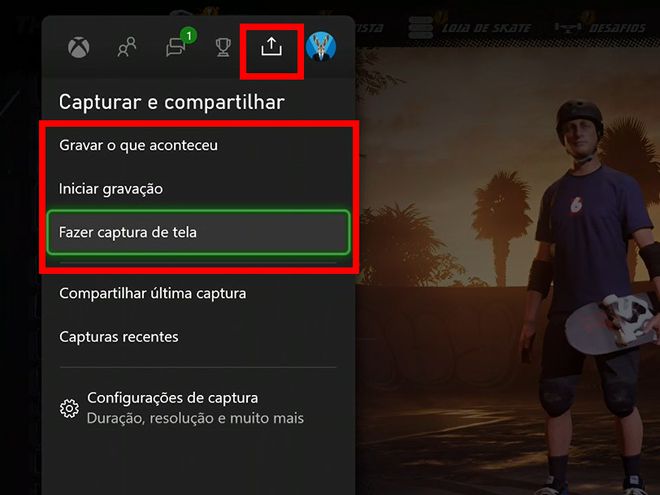 Aperte o botão central do controle do Xbox One e acesse a aba "Capturar e compartilhar" (Captura de tela: Matheus Bigogno)