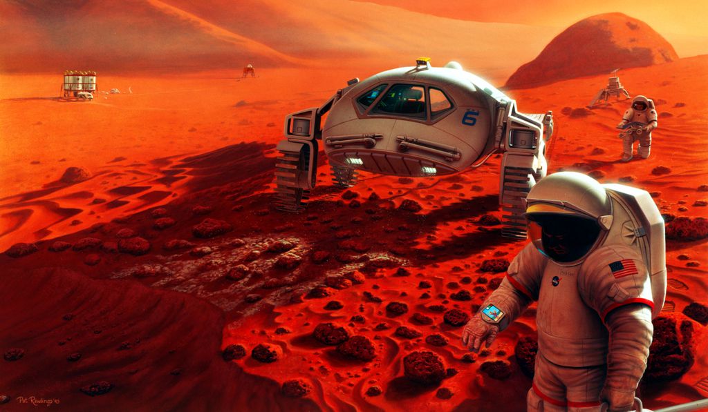 Conceito artístico de astronautas em Marte