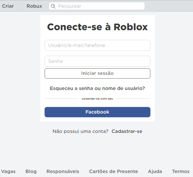 Faça login ou cadastre-se no Roblox - (Captura: Canaltech/Felipe Freitas)