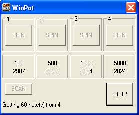 Print da interface principal do WinPot: ele lê quantidade e valor de notas dentro de um caixa eletrônico e permite escolher qual a máquina mais lucrativa para o roubo (Imagem: Reprodução/Kaspersky)