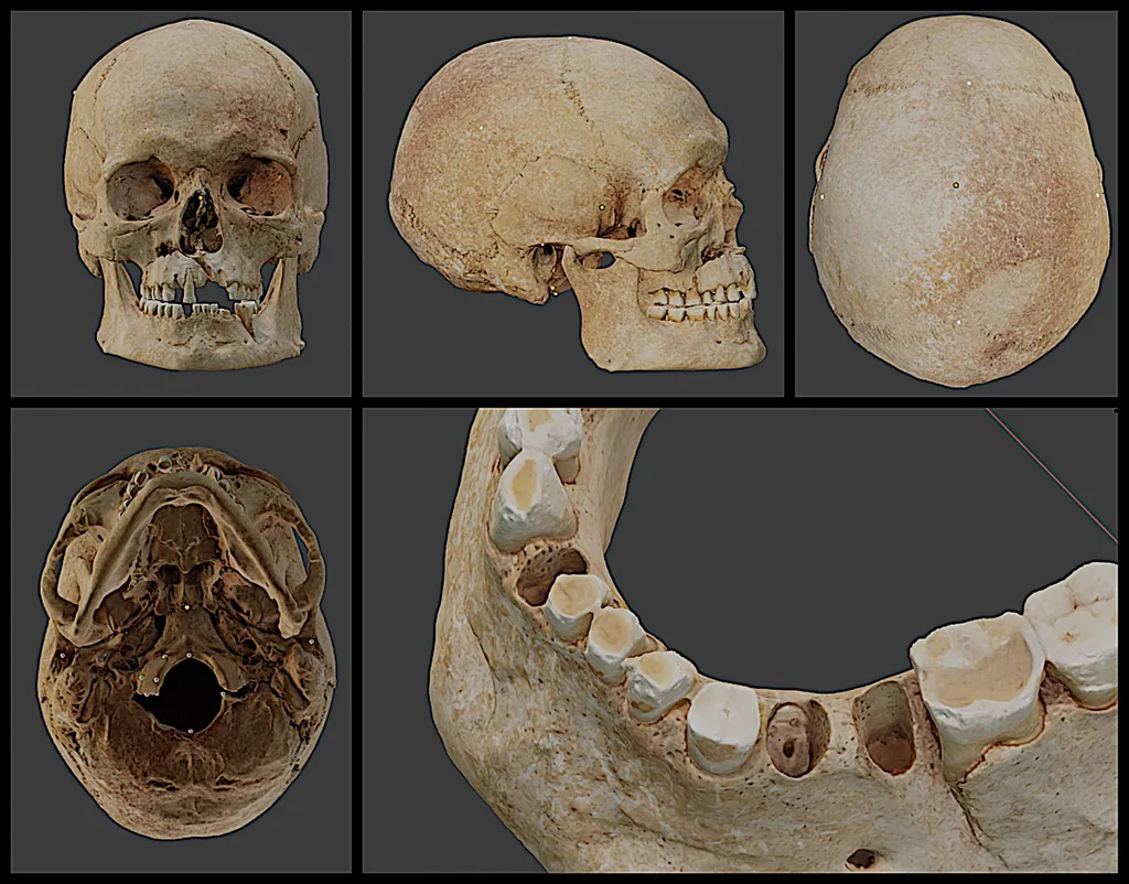 Crânio do fazendeiro desconhecido, com a ferida visível na fenda da parte da frente (Imagem: Moraes et al./Ortogonline)