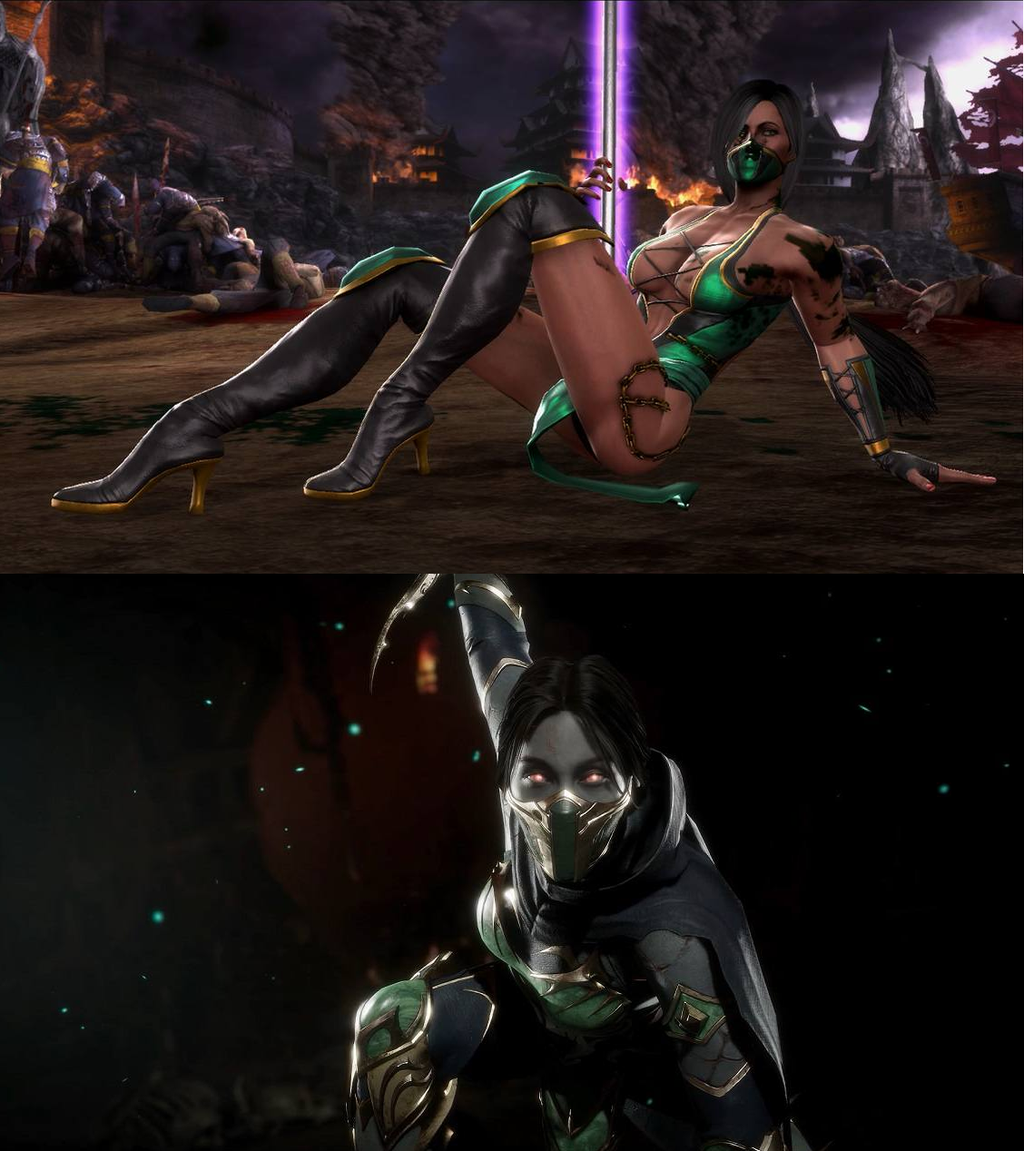 Pose de vitória da Jade em Mortal Kombat 9 (parte de cima) e em Mortal Kombat 11 (parte de baixo)
