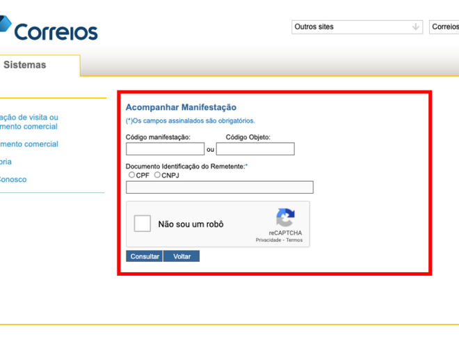 Informe os dados solicitados para acompanhar o andamento da sua solicitação no site dos Correios (Captura de tela: Caio Carvalho/Canaltech)