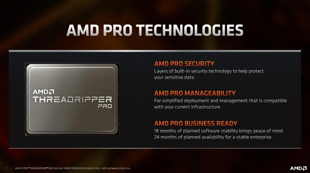 A AMD destaca como a linha Threadripper é a única voltada para workstations equipada com recursos avançados de segurança e gerenciamento (Imagem: AMD)