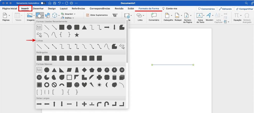 É possível colocar linha no Word pela ferramenta de inserção de formas (Imagem: Captura de tela/Guilherme Haas/Canaltech)