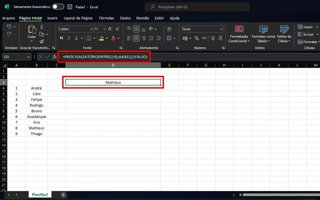 Veja como fazer sorteio no Excel usando a fórmula PROCV (Captura de tela: Matheus Bigogno)