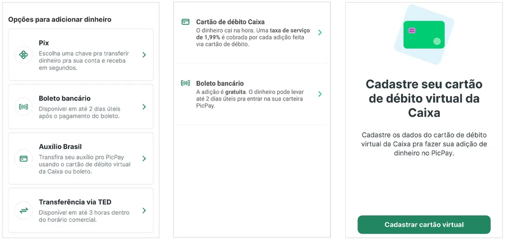 PicPay também permite o uso do cartão de débito virtual da Caixa (Captura de tela: André Magalhães)