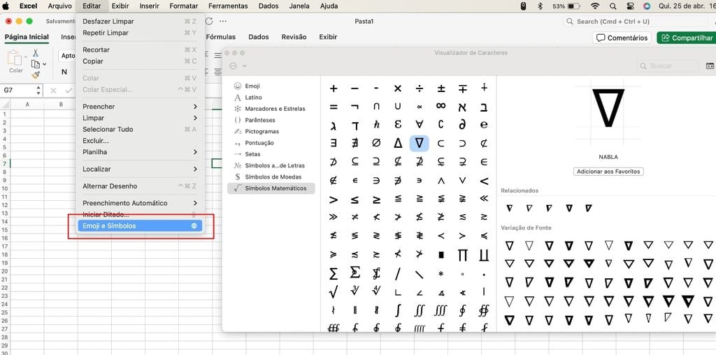 Excel permite inserir símbolos e caracteres especiais dentro de tabelas (Imagem: Captura de tela/Guliherme Haas/Canaltech)