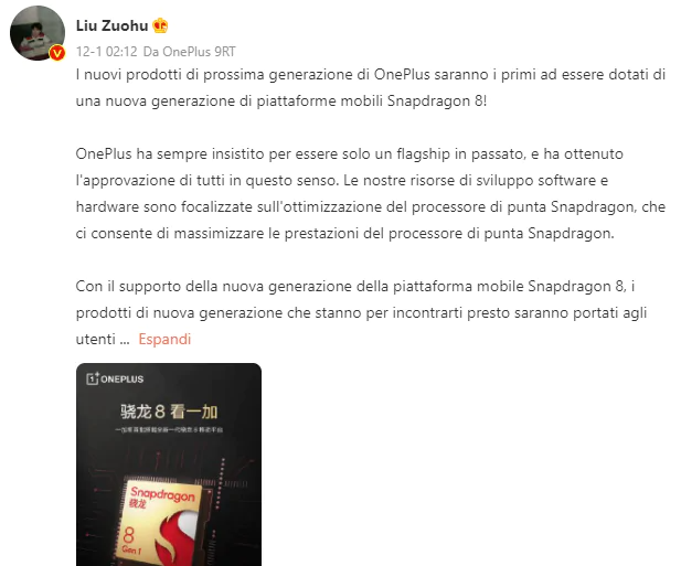 Pete Lau confirma que possíveis OnePlus 10 e 10 Pro terão Snapdragon 8 Gen 1 (Imagem: Reprodução/TuttoAndroid)