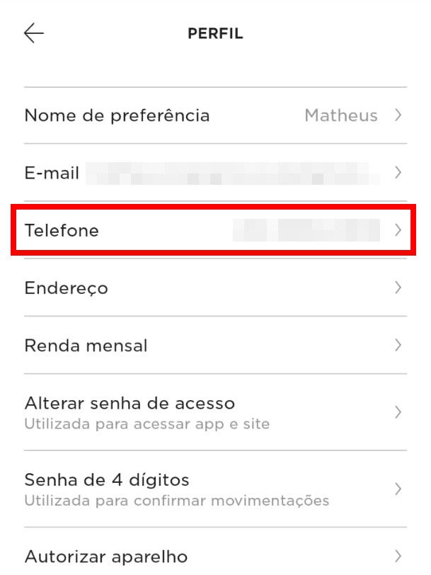 Acesse novamente a aba "Perfil" e selecione o item "Telefone" para alterar o número do seu celular (Captura de tela: Matheus Bigogno)
