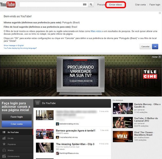 Tela inicial do Youtube Tela inicial do Youtube