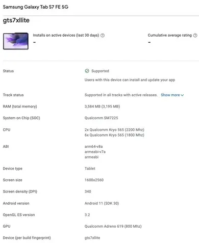 Samsung Galaxy Tab S7 FE Registro Play Console