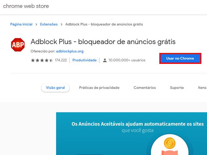 Acesse a página do AdBlock Plus no Chrome e clique em "Usar no Chrome" (Captura de tela: Matheus Bigogno)