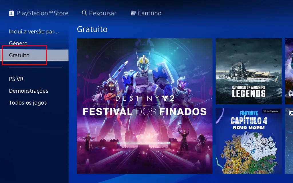 Acesse a aba de jogos gratuitos para bauxá-los na PS Store (Captura de tela: André Magalhães)