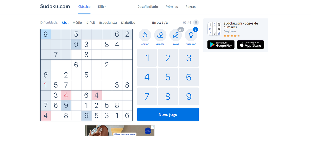 Sudoku Difícil - Jogar Sudoku Online Grátis