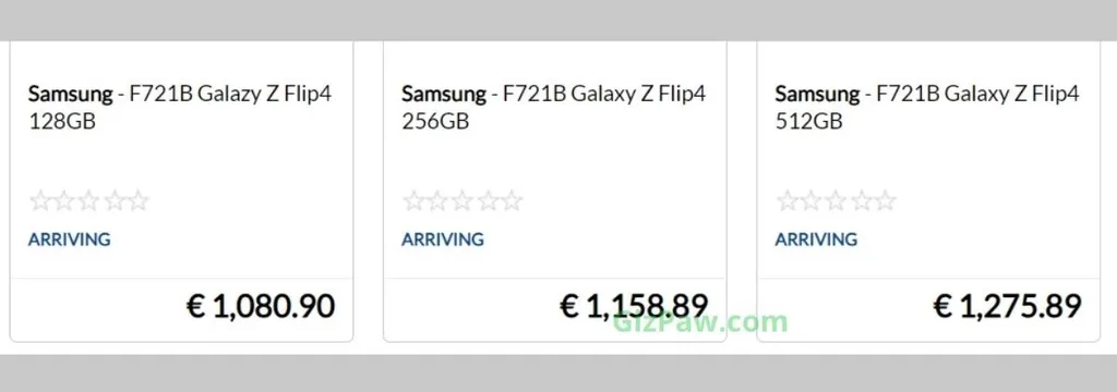 Captura mostra supostos preços do Galaxy Z Flip 4 em país europeu (Imagem: Reprodução/GizPaw)