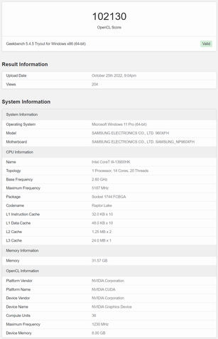 Galaxy Book 3 Ultra OpenCL Geekbench Vazamento