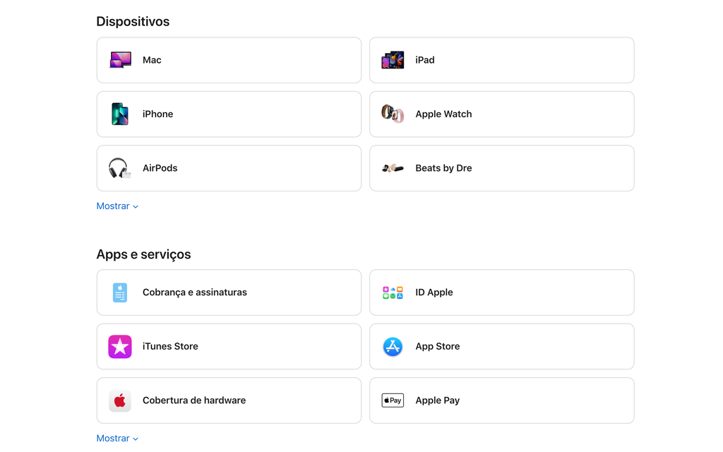 Acesse a página de Suporte no site da Apple e selecione o produto ou serviço que você precisa de ajuda (Captura de tela: Lucas Wetten)