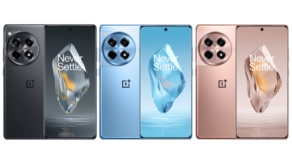O OnePlus Ace 3 chega nas cores preto, azul e bronze/rosé, com design que mescla elementos do OnePlus 11 e OnePlus 12 (Imagem: Reprodução/OnePlus)
