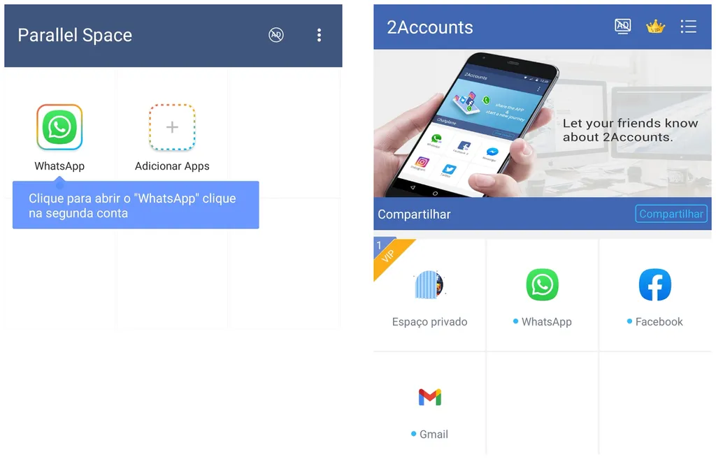 Parallel Space (à esquerda) e 2Accounts (direita) são opções na Play Store para clonar outros apps (Captura de tela: Caio Carvalho)