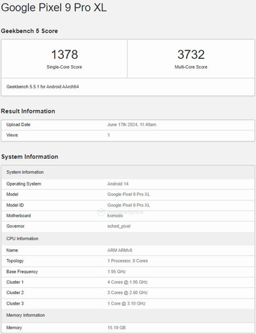 Google Pixel 9 Pro XL Vazamentos Geekbench 1