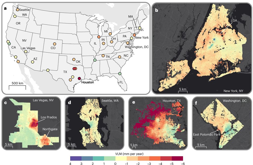 Afundamento ou subsidência das cidades dos Estados Unidos — quanto mais vermelho, mais o terreno está afundando (Imagem: Ohenhen et al./Nature Cities)