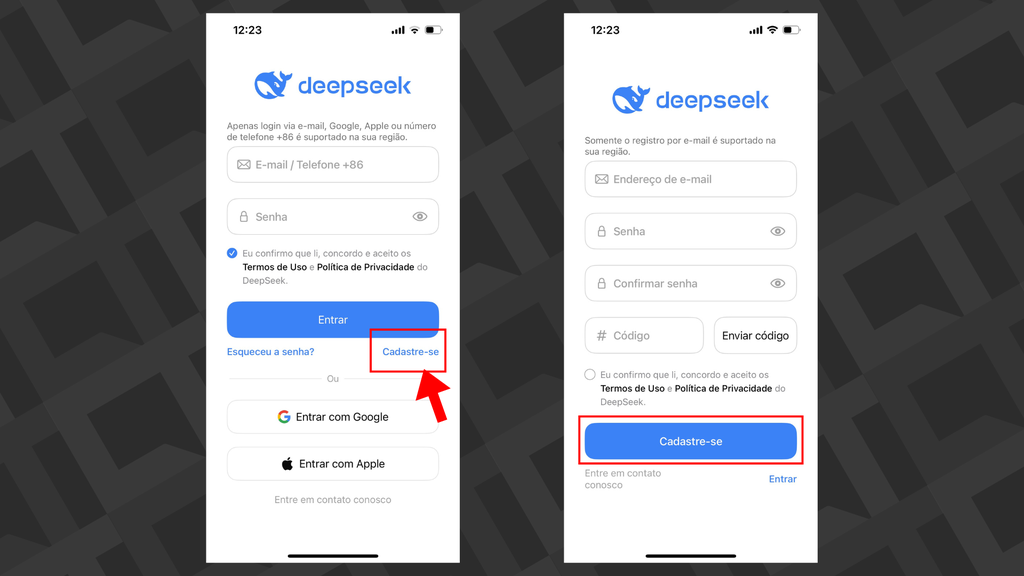 capturas de tela da tela de login do deepseek