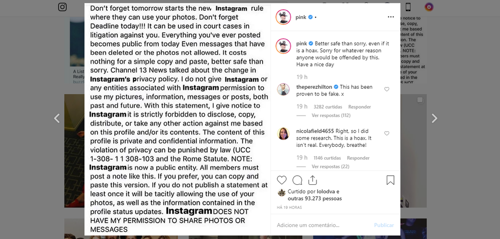 A cantora P!nk compartilhou a publicação falsa em seu feed do Instagram (Foto: Captura de tela)