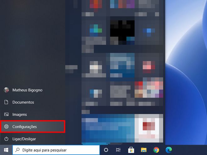 Abra o menu "Iniciar" e acesse a aba de "Configurações" do Windows 10 (Captura de tela: Matheus Bigogno)