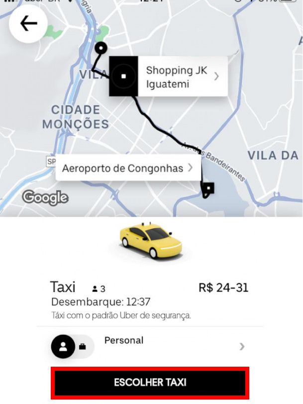 Selecione o destino, escolha o tipo de táxi e clique em "Escolher táxi" no final (Imagem: Divulgação/Uber)