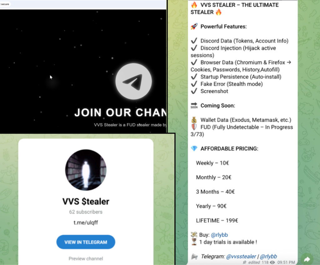 Anúncios de venda do VVS Stealer no Telegram, para ser usado por hackers sem conhecimento técnico (Imagem: Unit 42/Palo Alto Networks)