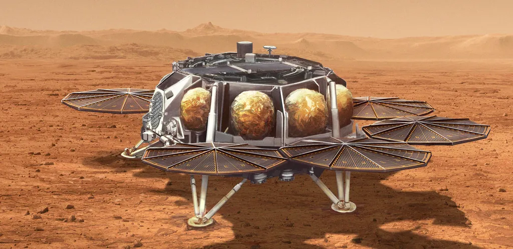 Conceito do lander da missão que transportaria um pequeno foguete para levar as amostras marcianas para o espaço (Imagem: Reprodução/NASA/JPL-Caltech)