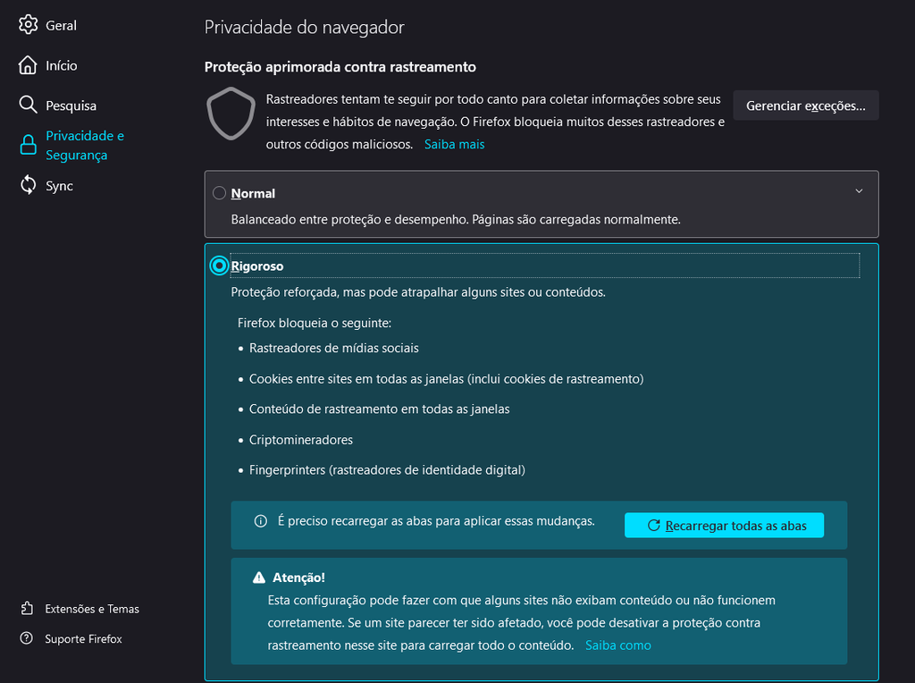 Proteção aprimorada reduz o monitoramento do usuário no Firefox 91 (Imagem: Captura de tela/Canaltech)