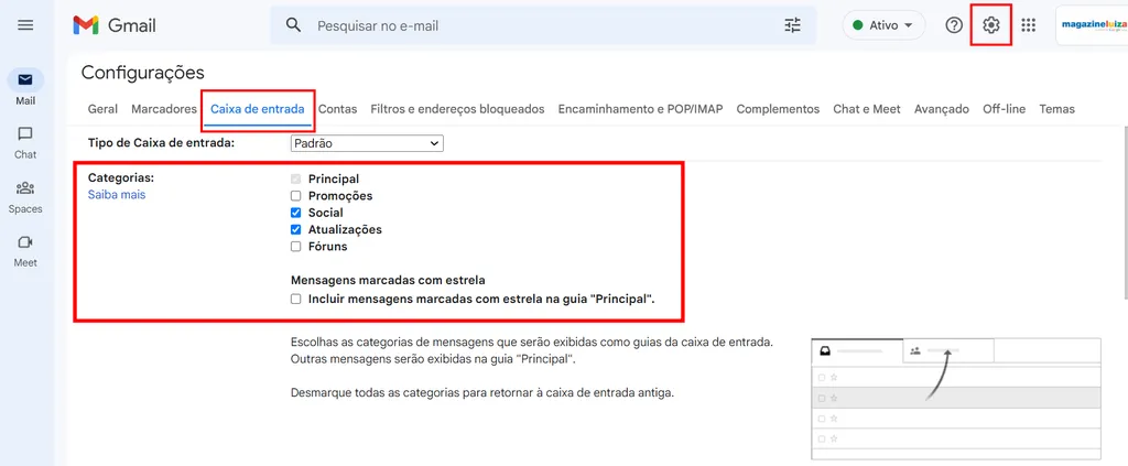 Criando categorias para a caixa de entrada no Gmail (Imagem: Captura de tela/Guilherme Haas/Canaltech)