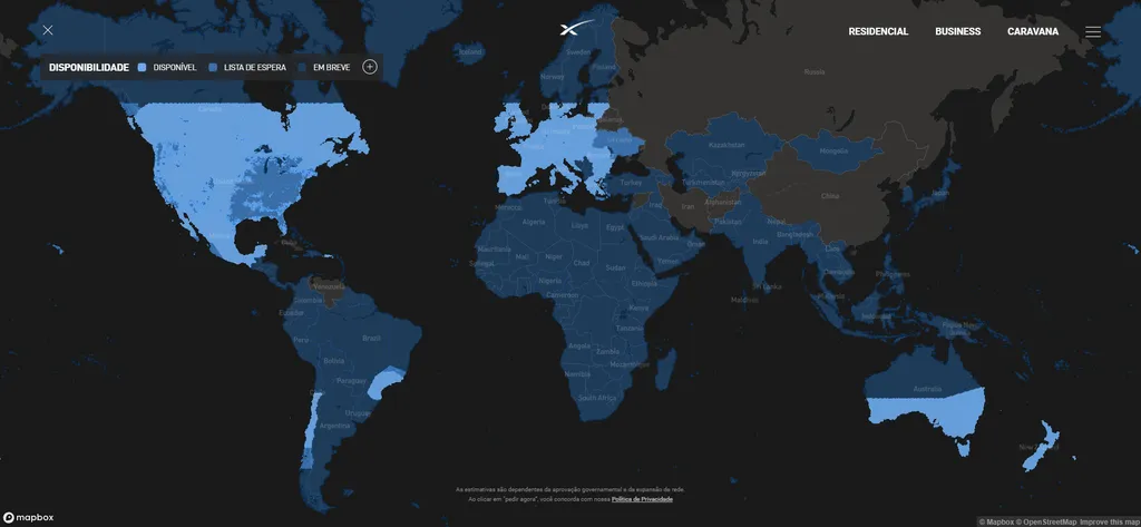 Mapa com a atual disponibilidade do serviço Starlink pelo globo (Imagem: Captura de Tela/Starlink)