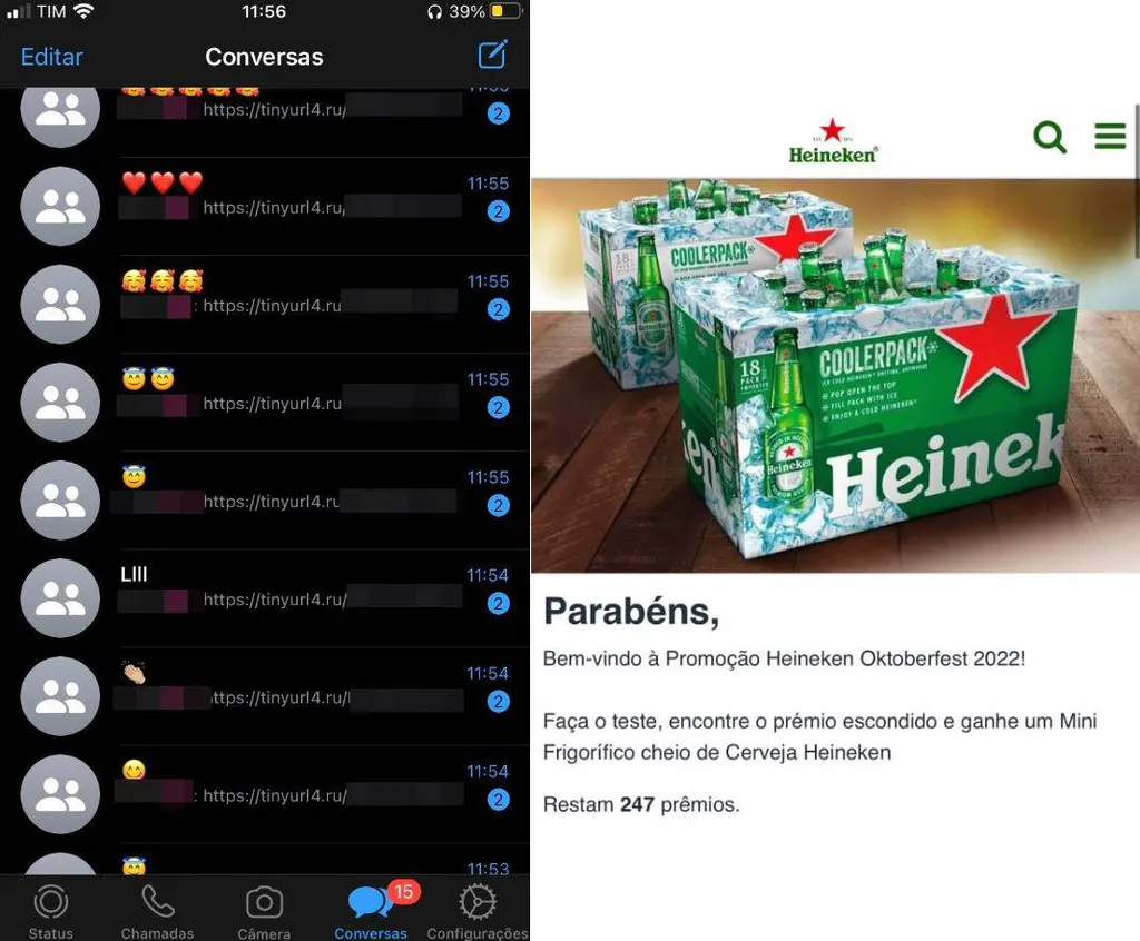 Golpe chega via WhatsApp e promete cervejas Heineken de graça como isca para roubar dados de usuários e disseminar link malicioso ainda mais (Imagem: Captura de tela/Felipe Demartini/Canaltech)