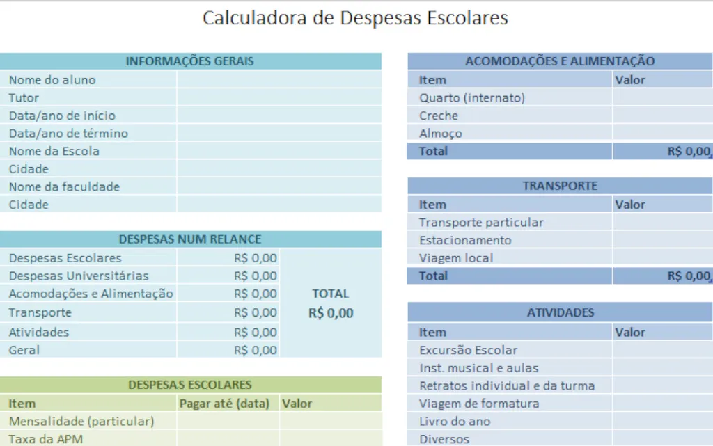 Com esta planilha, você pode calcular despesas escolares ou universitárias (Imagem: Captura de tela/Matheus Bigogno/Canaltech)