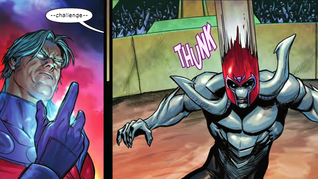 Magneto mostra move seu capacete para a cabeça de Tarn (Imagem: Reprodução/Marvel Comics)