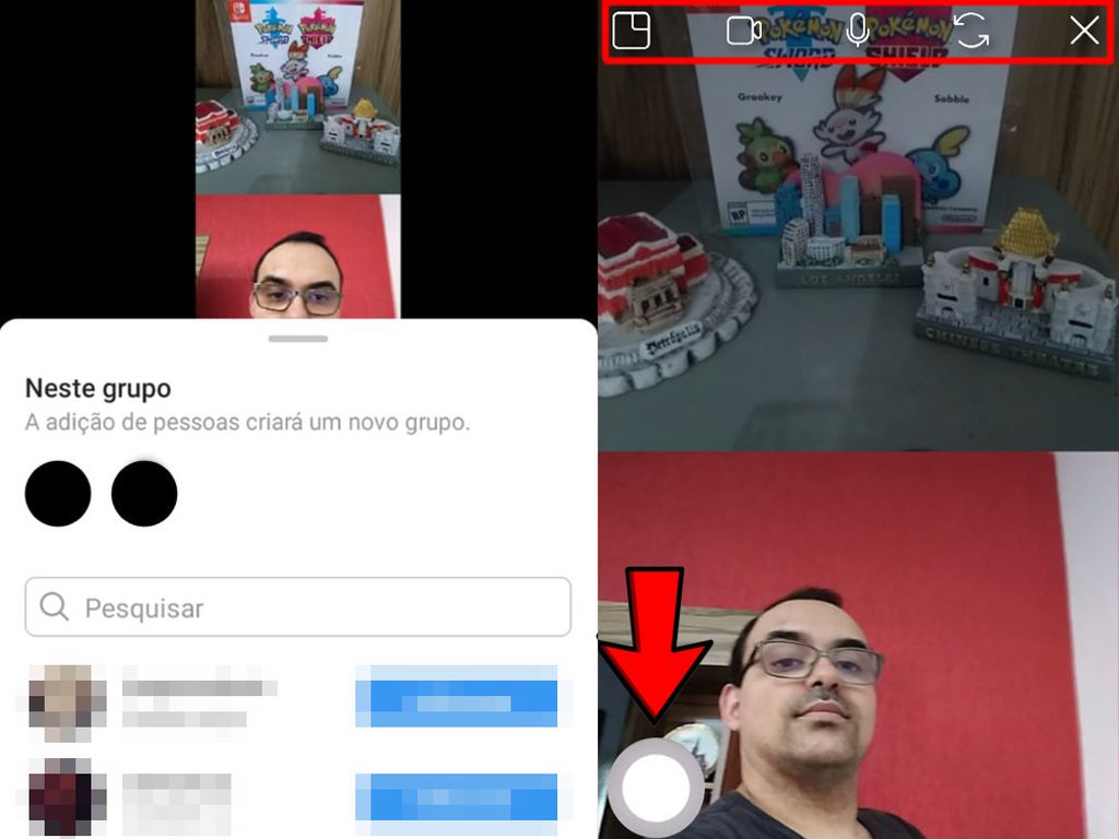 Para adicionar mais pessoas, arraste a conversa para cima e, para desligar, use o menu superior (Captura de tela: Matheus Bigogno)