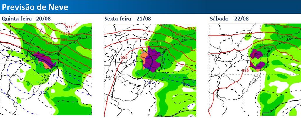 Previsão de neve para os estados do sul do Brasil entre quinta e sábado (Imagem: Reprodução/CPTEC)